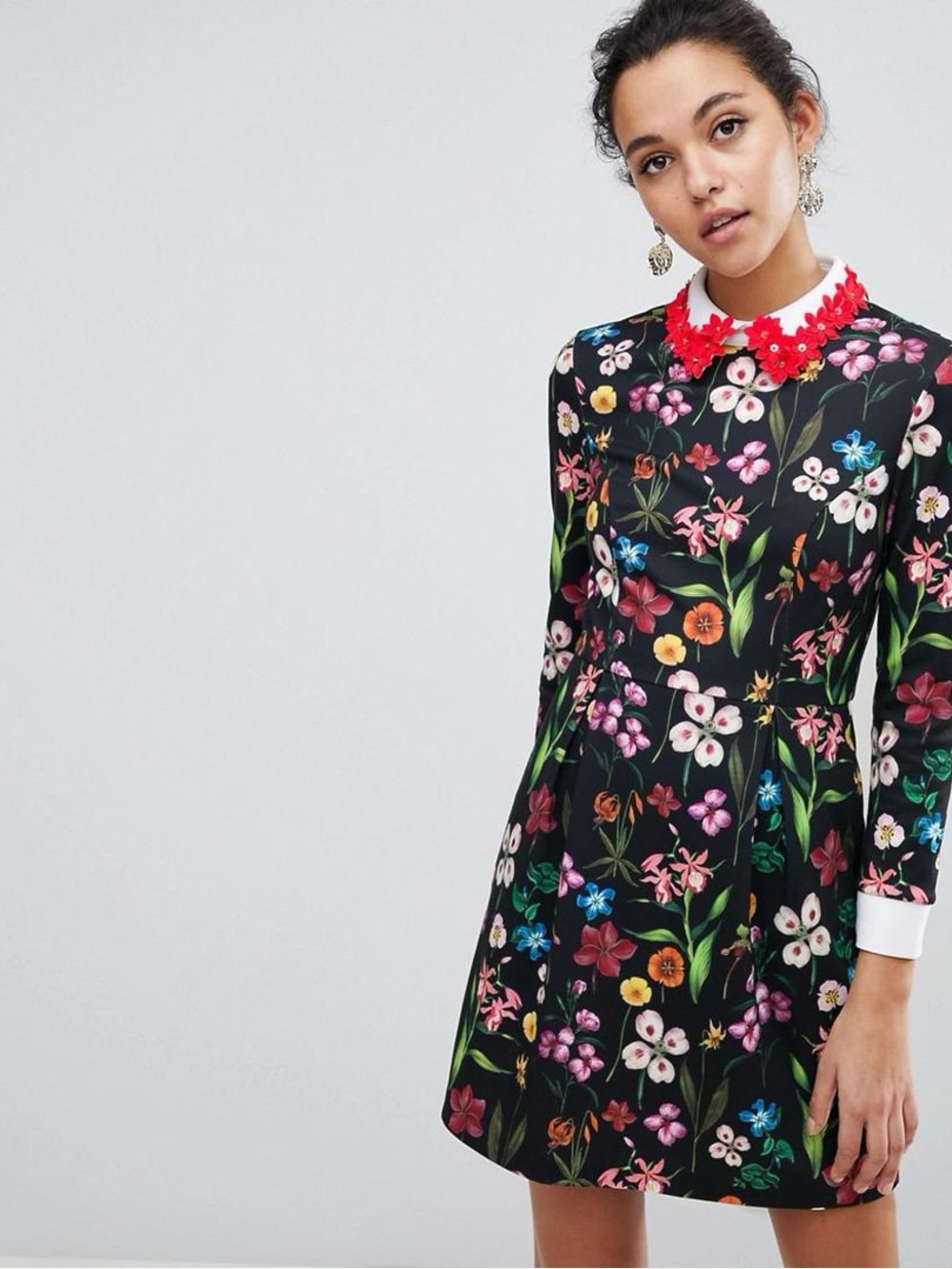 Ted Baker Black Floral Long-Sleeve Dress with Red Collar
